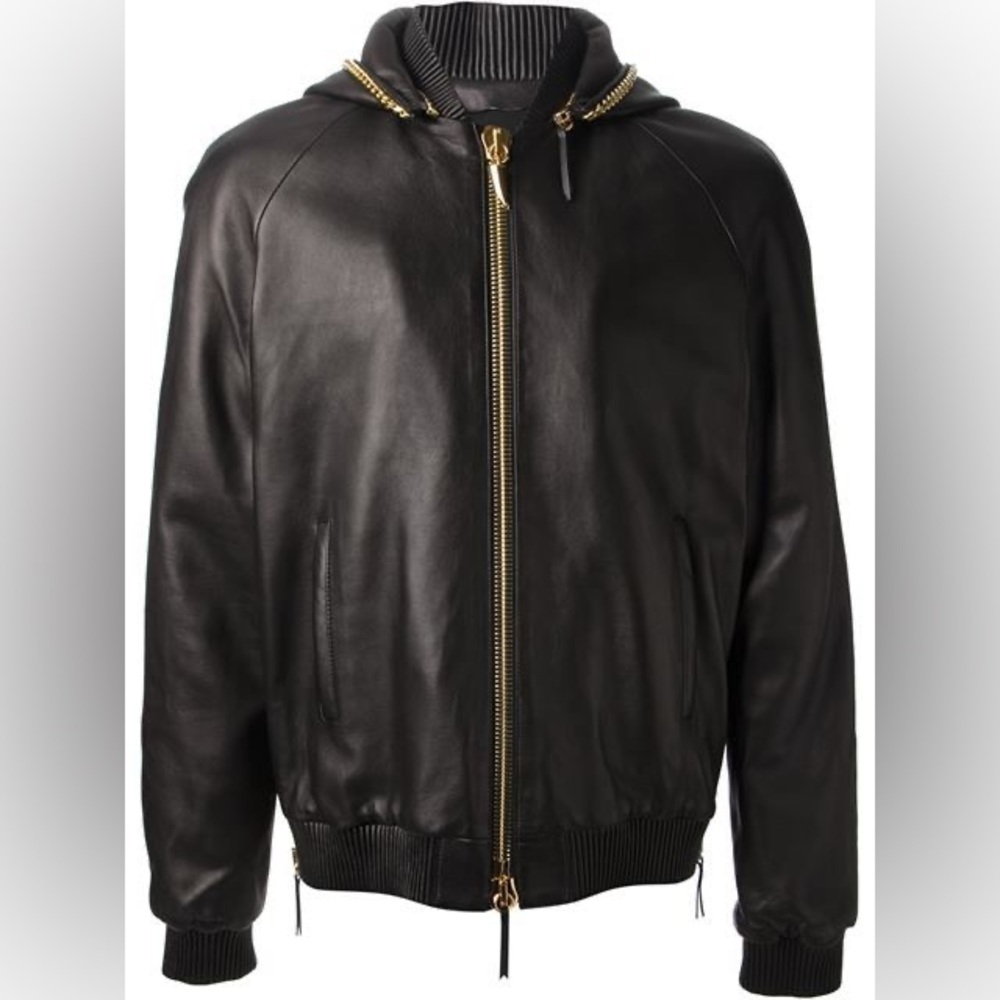Giuseppe REAL-LEATHER GOLD-CHAIN LINK HOODIE IN BLACK. Size Large.